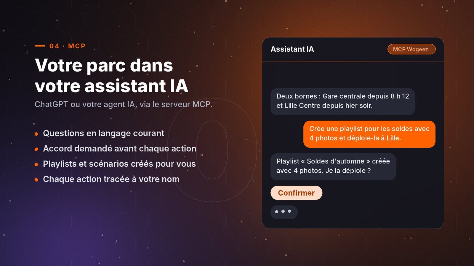 Une playlist créée puis déployée depuis un assistant IA, après confirmation