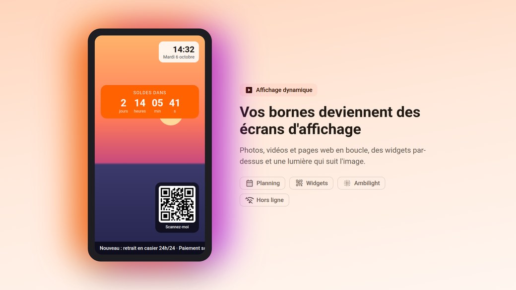 Une borne qui diffuse une playlist, avec ses widgets et sa lumière