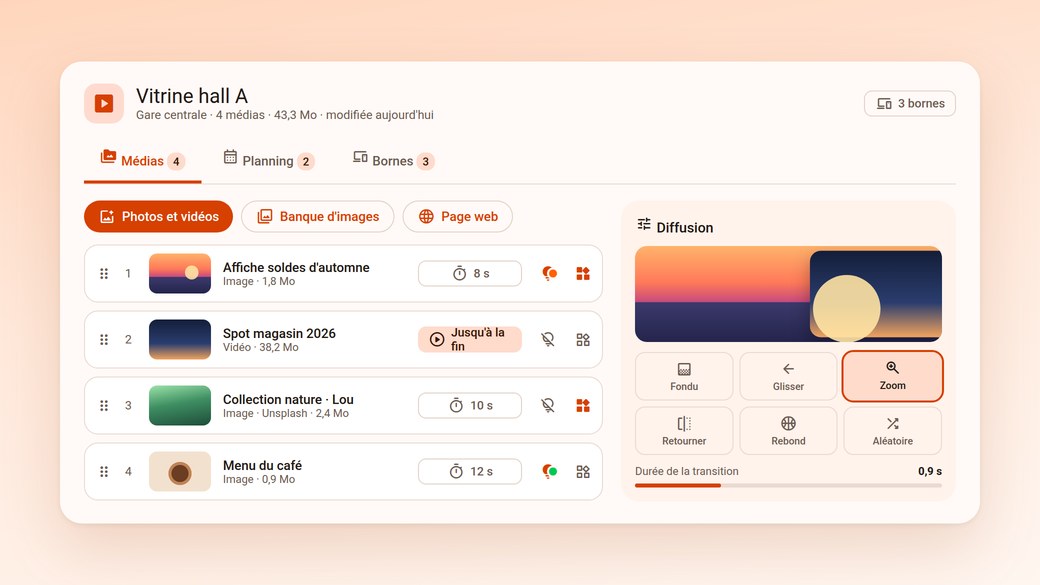 La fiche d'une playlist dans le manager web: médias, diffusion et transition