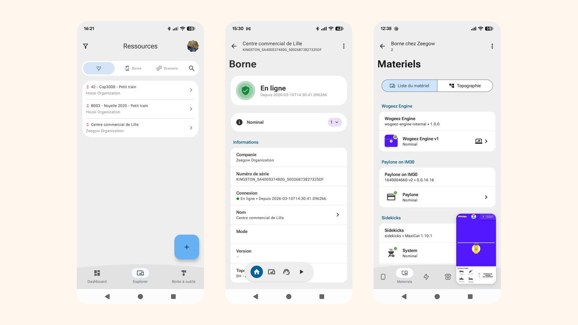 La liste des ressources, la fiche d'une borne et son matériel dans l'application