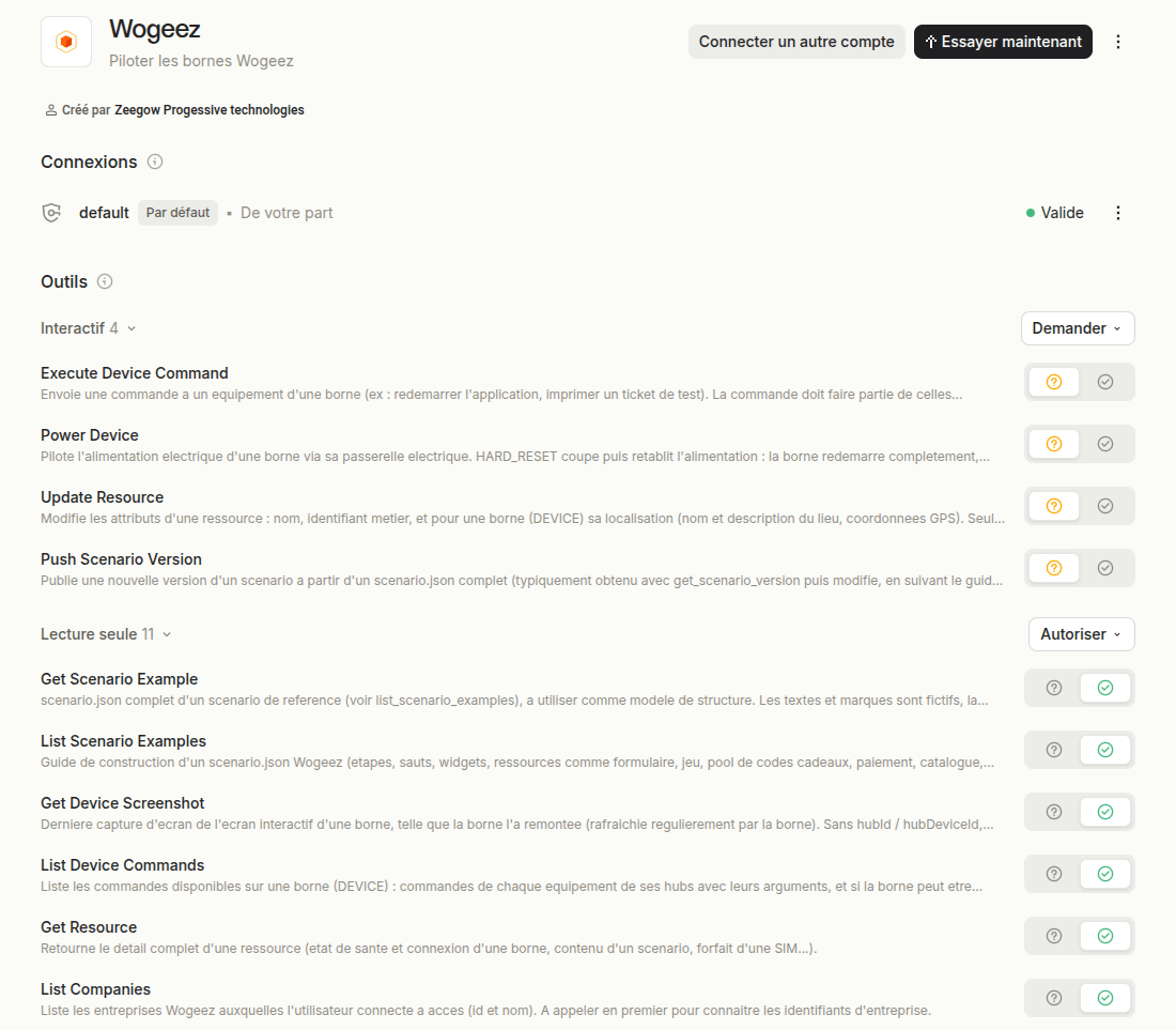 Le connecteur Wogeez créé, avec ses outils et le bouton Essayer maintenant