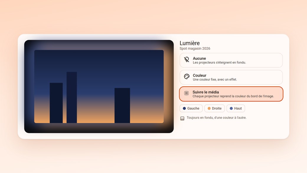 Le mode Suivre le média: chaque projecteur reprend la couleur du bord de l'image