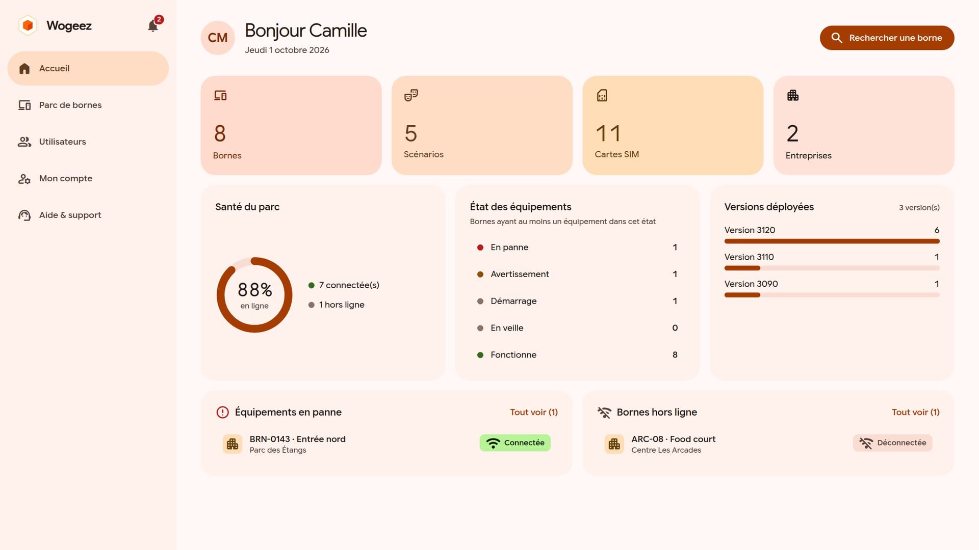 Le tableau de bord du manager web