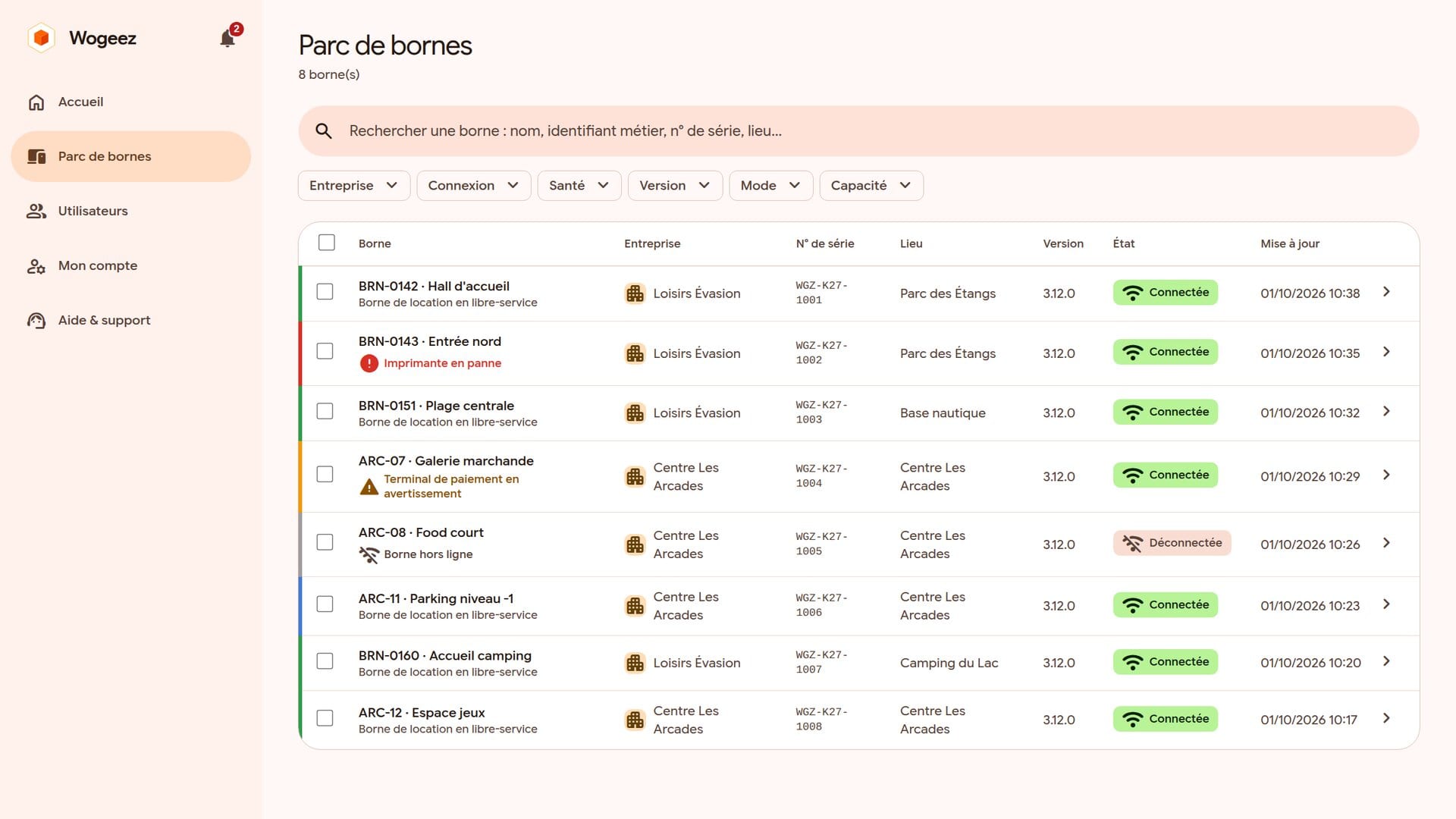 La liste des bornes, avec leur état et les filtres