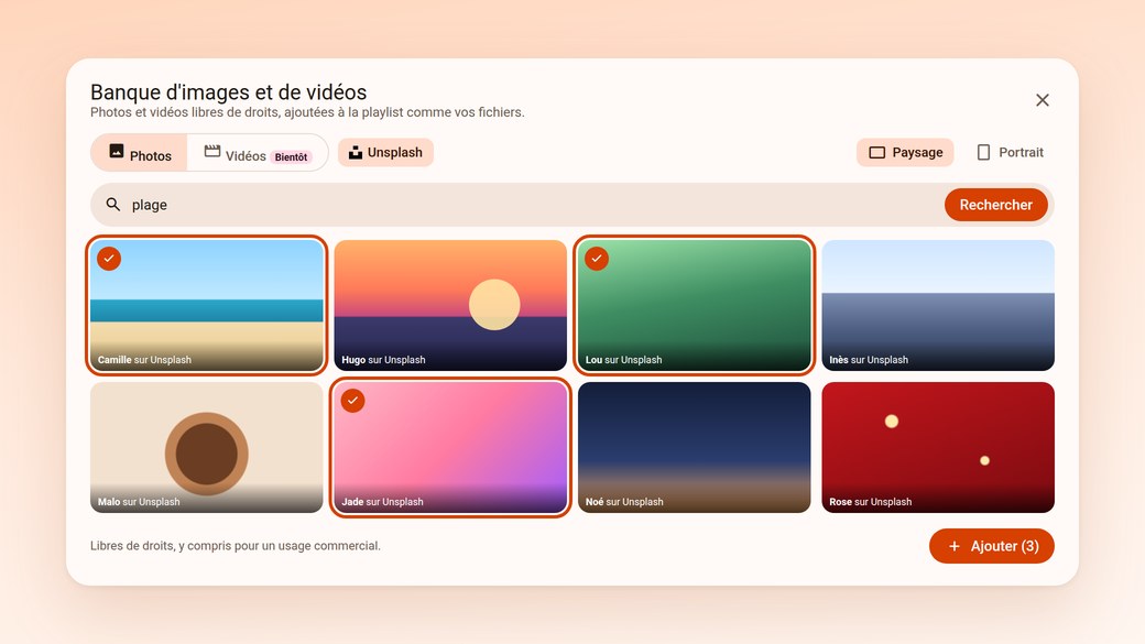 La recherche dans la banque d'images, avec l'auteur de chaque photo