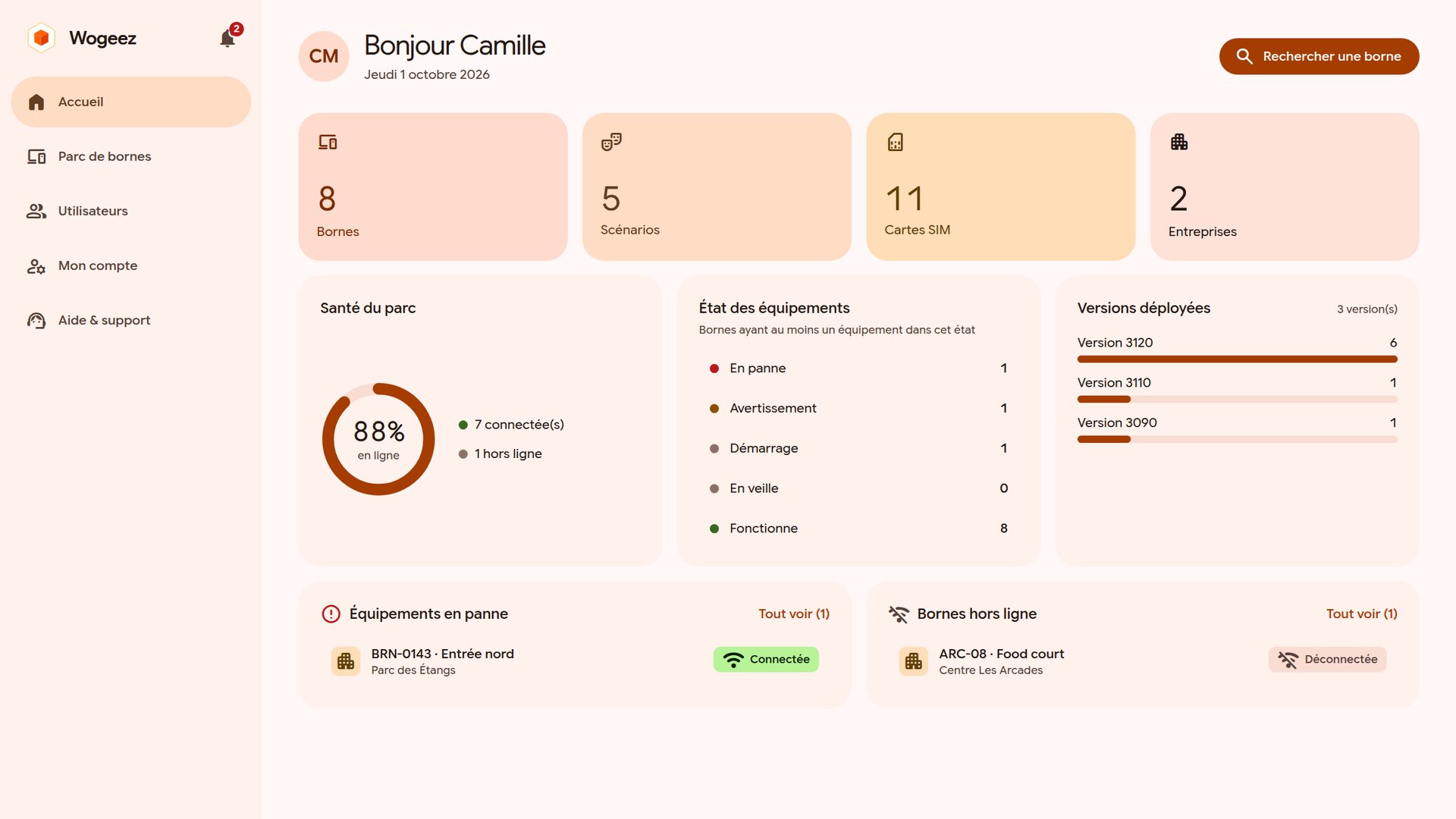 Le tableau de bord du manager web