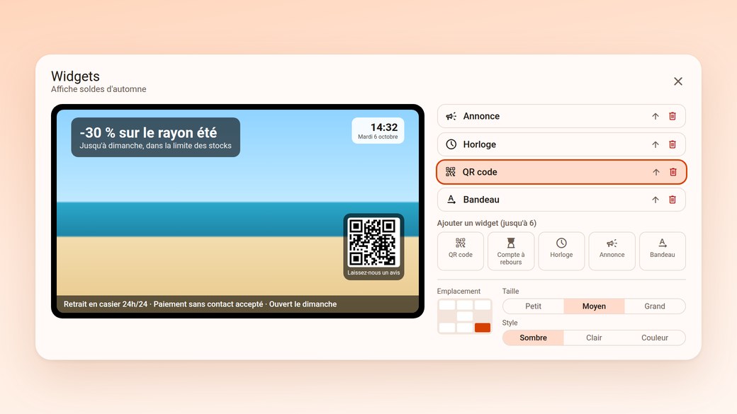 L'éditeur de widgets, avec l'aperçu du média tel qu'il s'affichera sur la borne